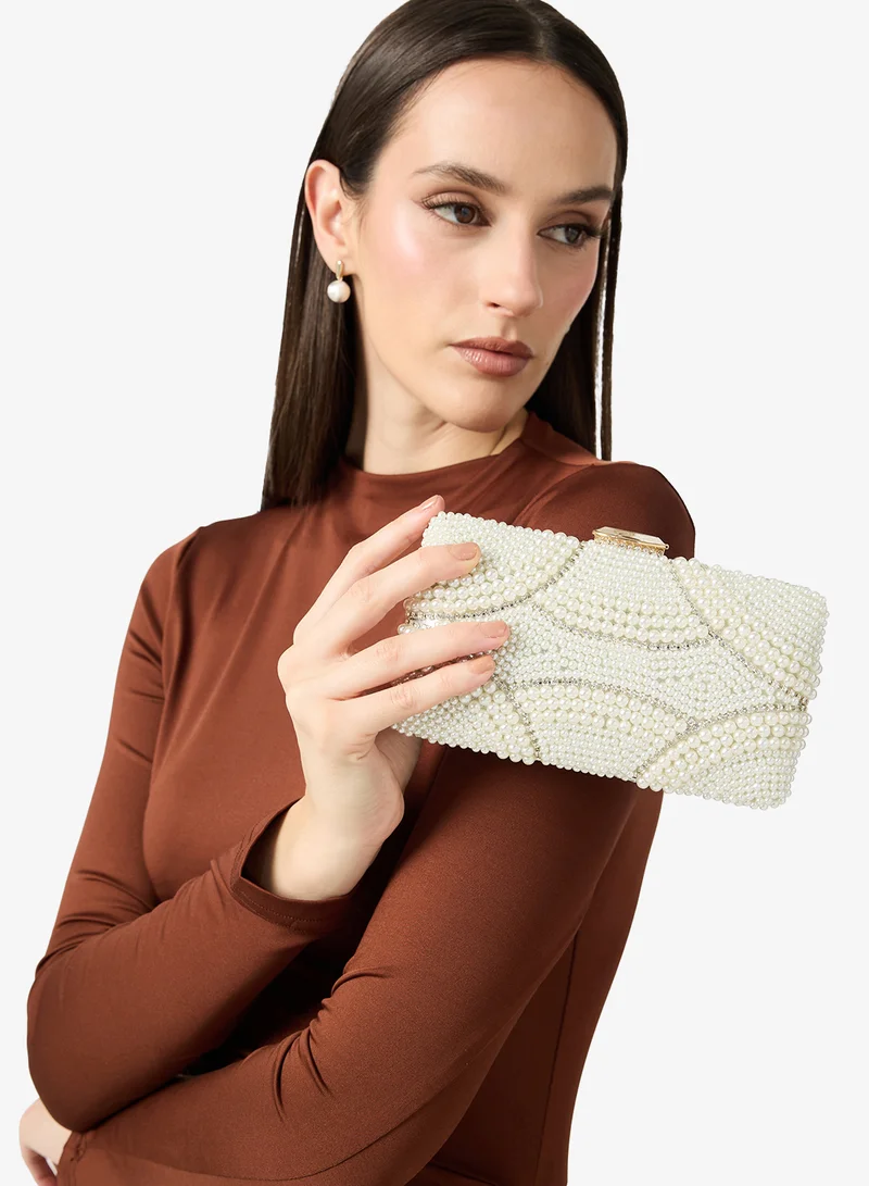 Khizana White Pearl Detailed Embellished Gold Accent Clutch for Women | Best Price UAE